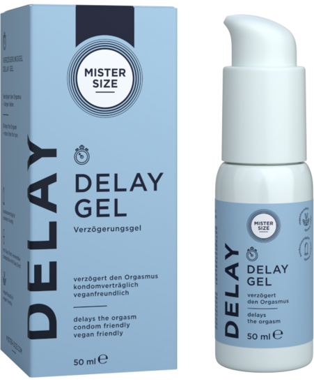 Mister Size Delay Gel caixa de cartão e frasco doseador com bomba