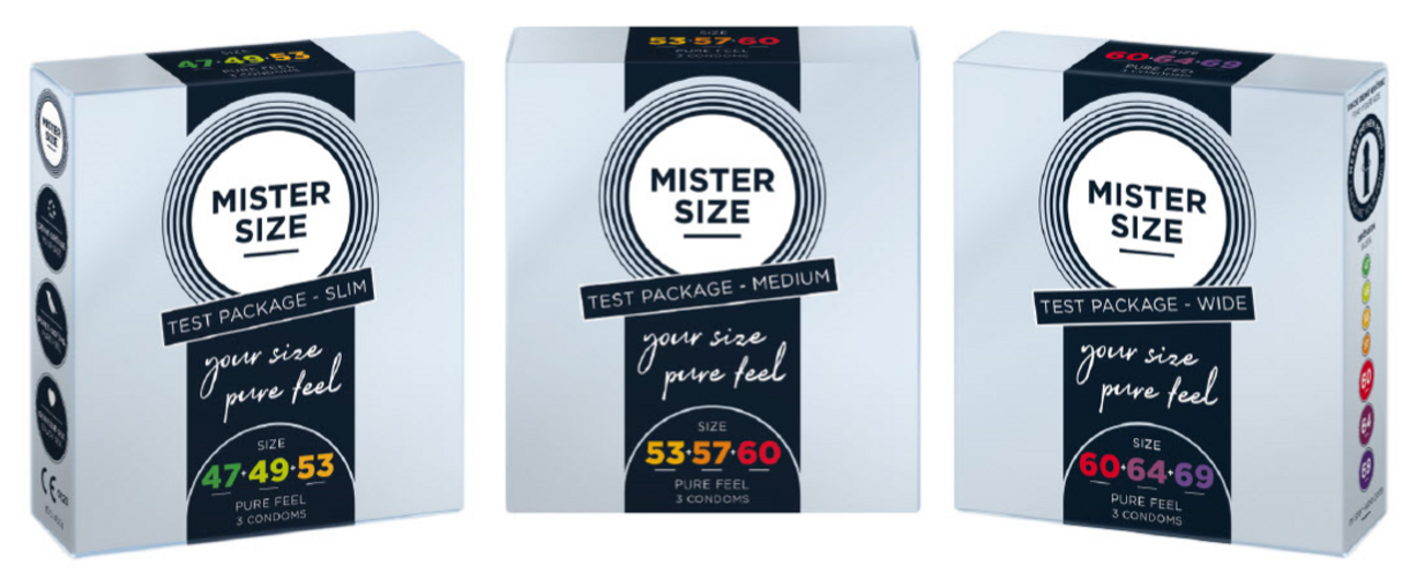 Três pacotes de teste de camisinha de tamanho diferente Mister