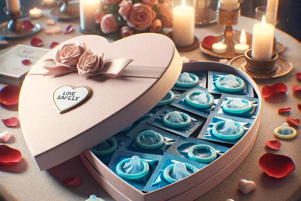 Preservativos numa caixa em forma de coração para o Dia dos Namorados